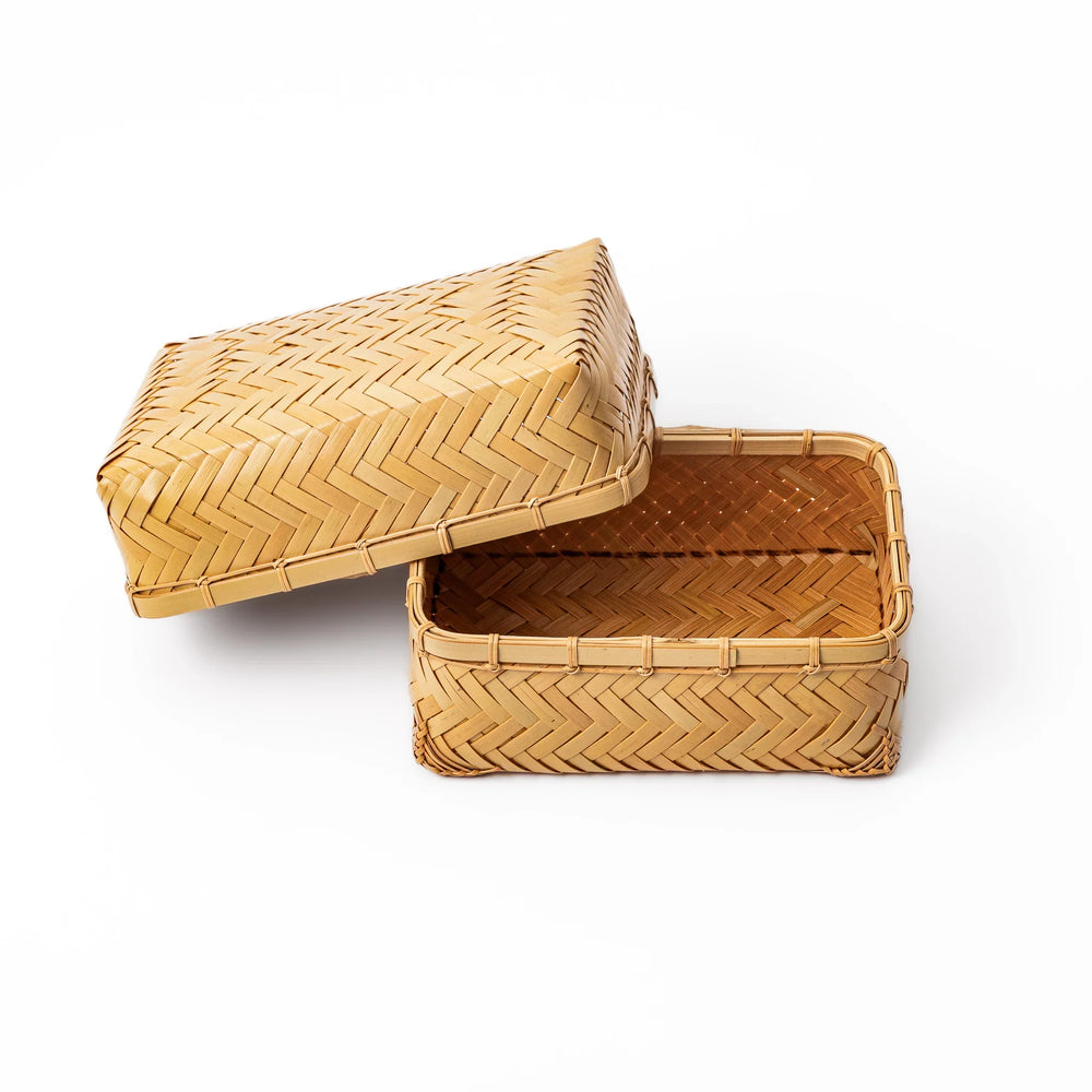 Open Japanese Ajiro weave bamboo bento box with lid showing the spacious interior for authentic lunch presentation