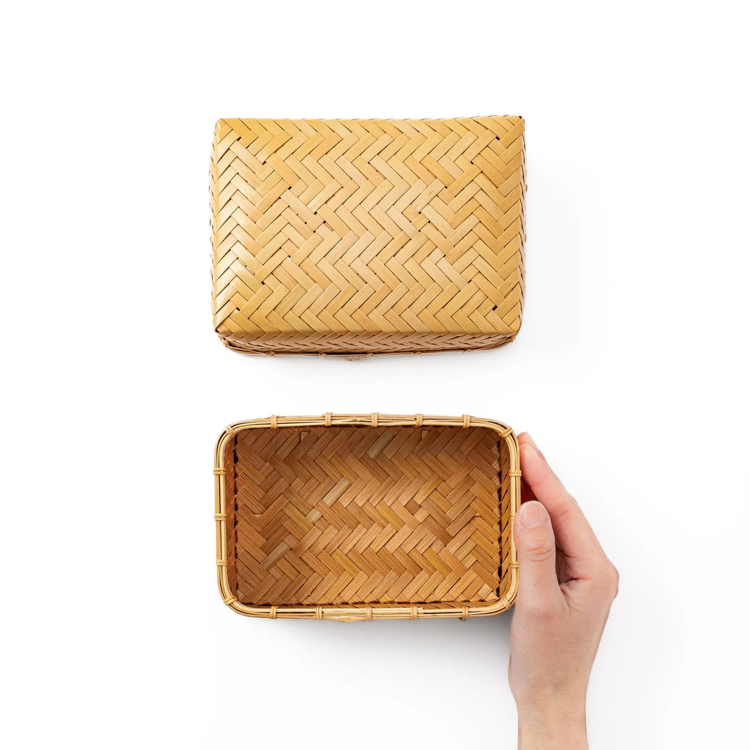 Open Japanese Ajiro weave bamboo bento box with lid showing the spacious interior for authentic lunch presentation