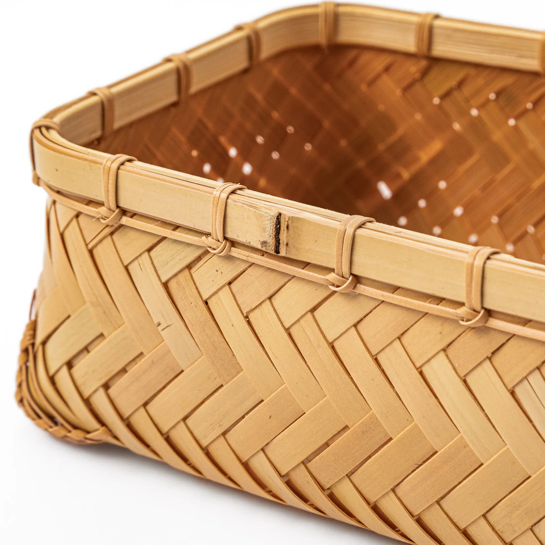 Close up of handcrafted Japanese Ajiro weave bamboo showing the detailed natural texture and authentic artisan skill