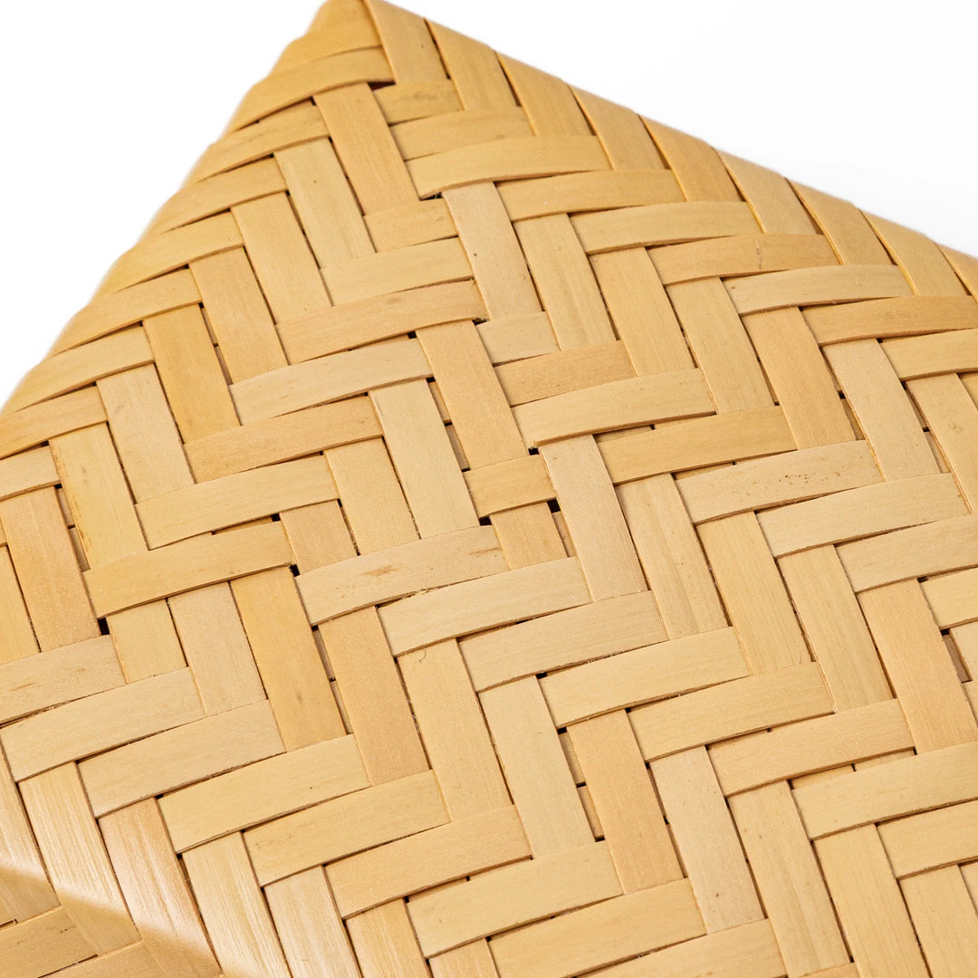 Close up of handcrafted Japanese Ajiro weave bamboo showing the detailed natural texture and authentic artisan skill
