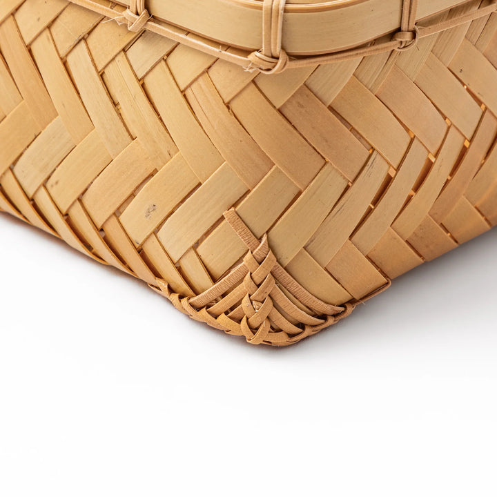 Close up of handcrafted Japanese Ajiro weave bamboo showing the detailed natural texture and authentic artisan skill