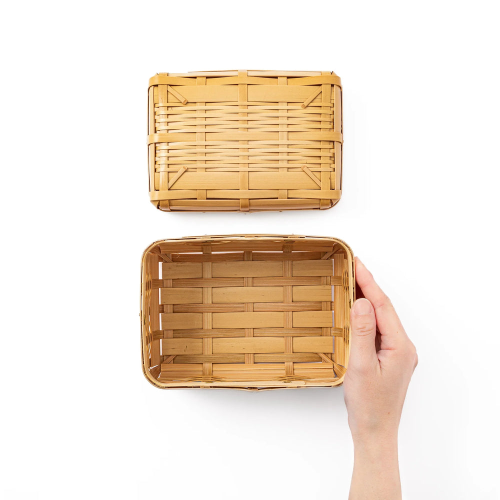 Open Japanese Hishigi weave bamboo bento basket showing a breathable interior for fresh picnic lunch storage