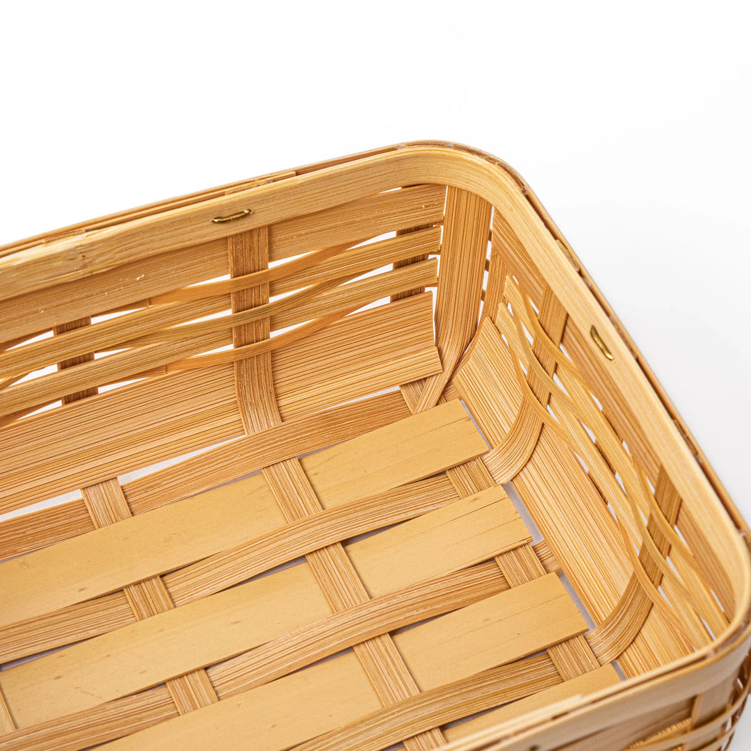 Close up of artisan Japanese Hishigi weave bamboo showing the unique flattened and woven structural detail
