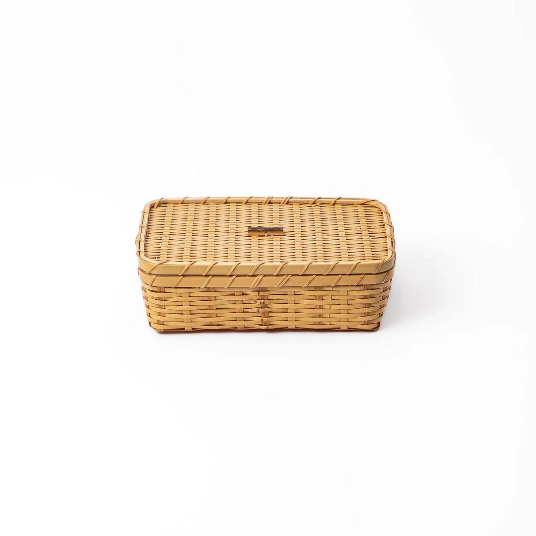 Traditional Japanese Goza weave bamboo bento box with lid showing a clean and uniform handcrafted texture