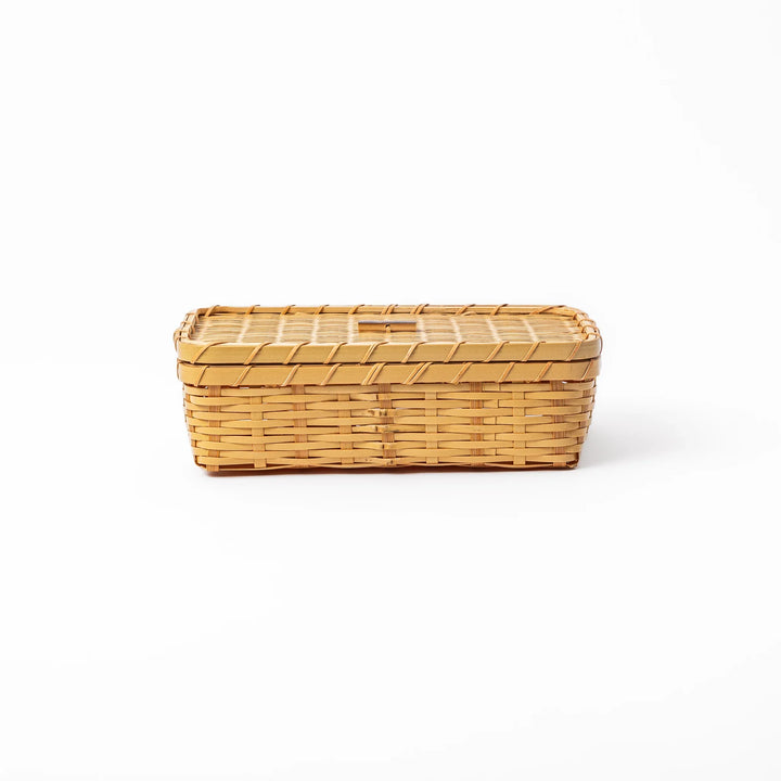 Traditional Japanese Goza weave bamboo bento box with lid showing a clean and uniform handcrafted texture