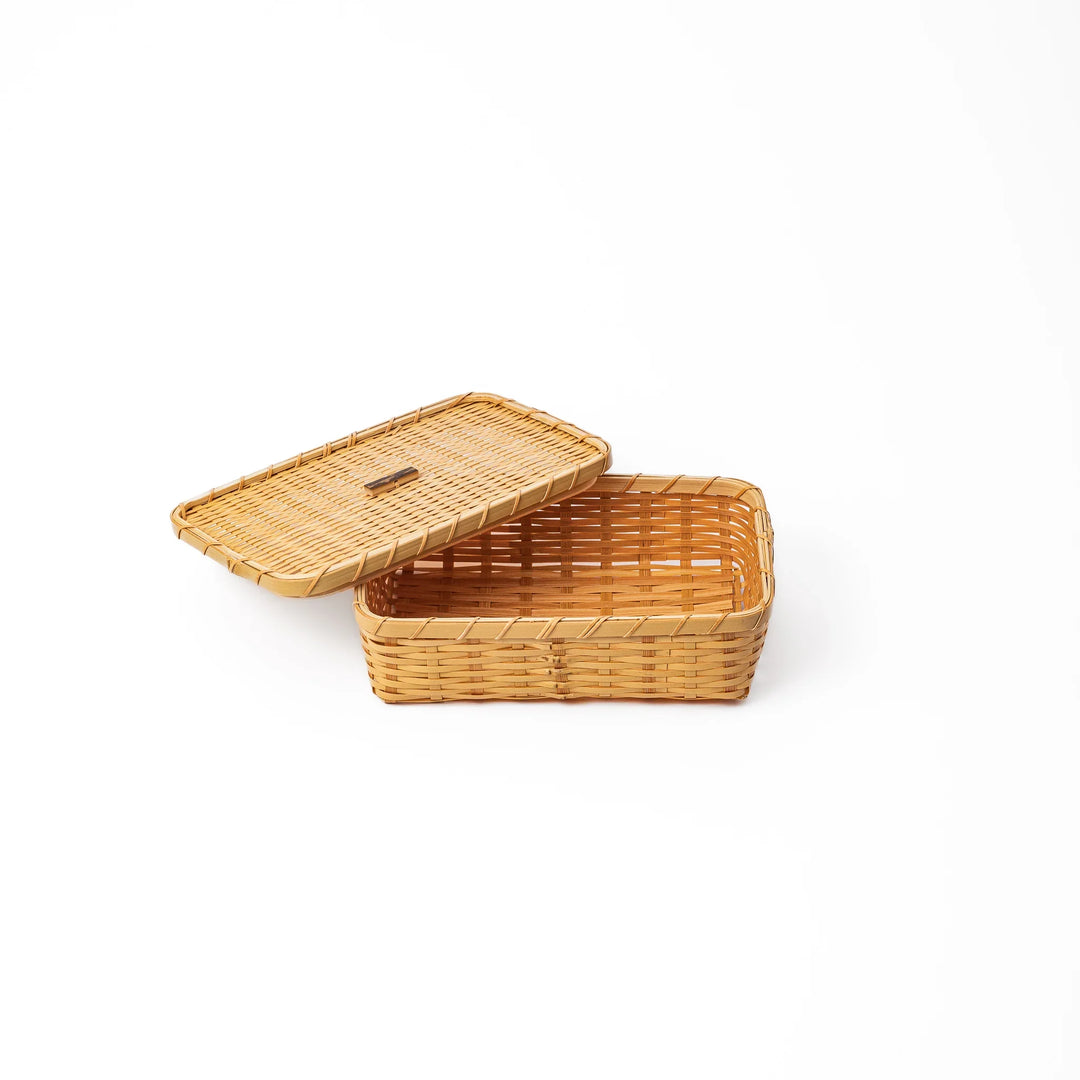 Open Japanese Goza weave bamboo bento box showing a breathable interior for authentic and fresh lunch presentation