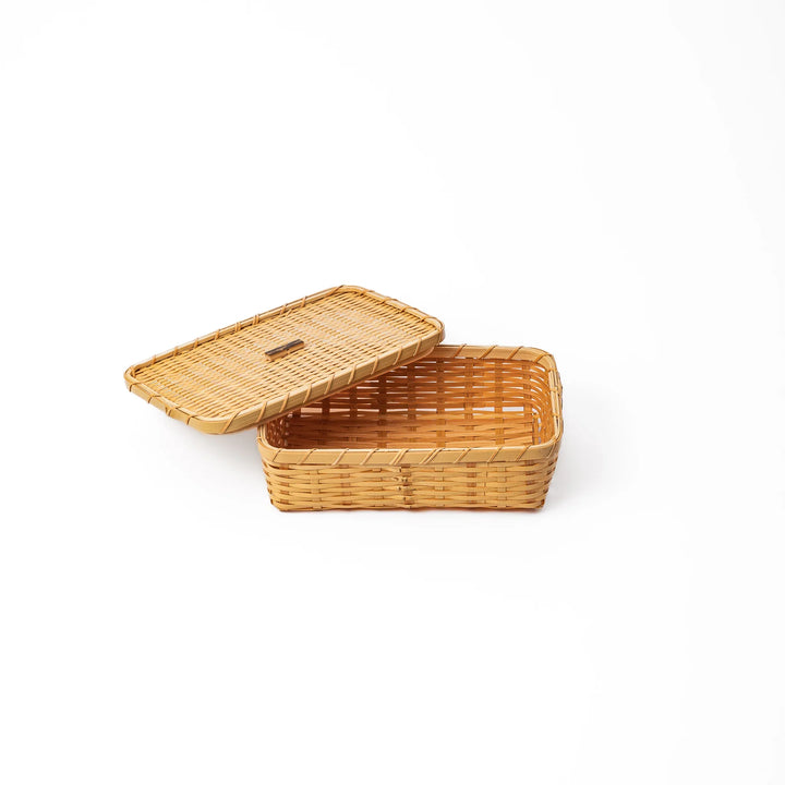 Open Japanese Goza weave bamboo bento box showing a breathable interior for authentic and fresh lunch presentation