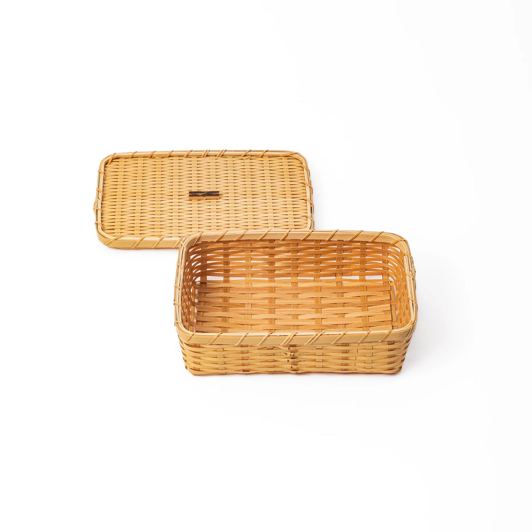 Open Japanese Goza weave bamboo bento box showing a breathable interior for authentic and fresh lunch presentation
