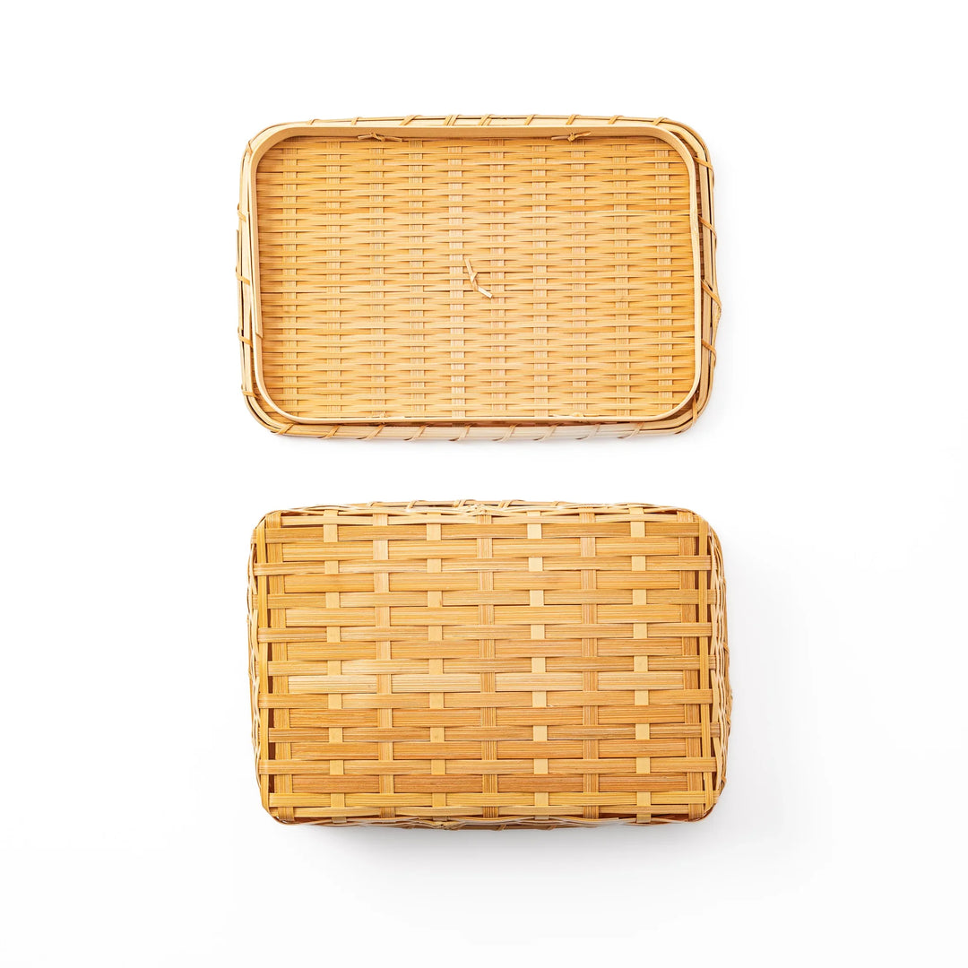 Open Japanese Goza weave bamboo bento box showing a breathable interior for authentic and fresh lunch presentation