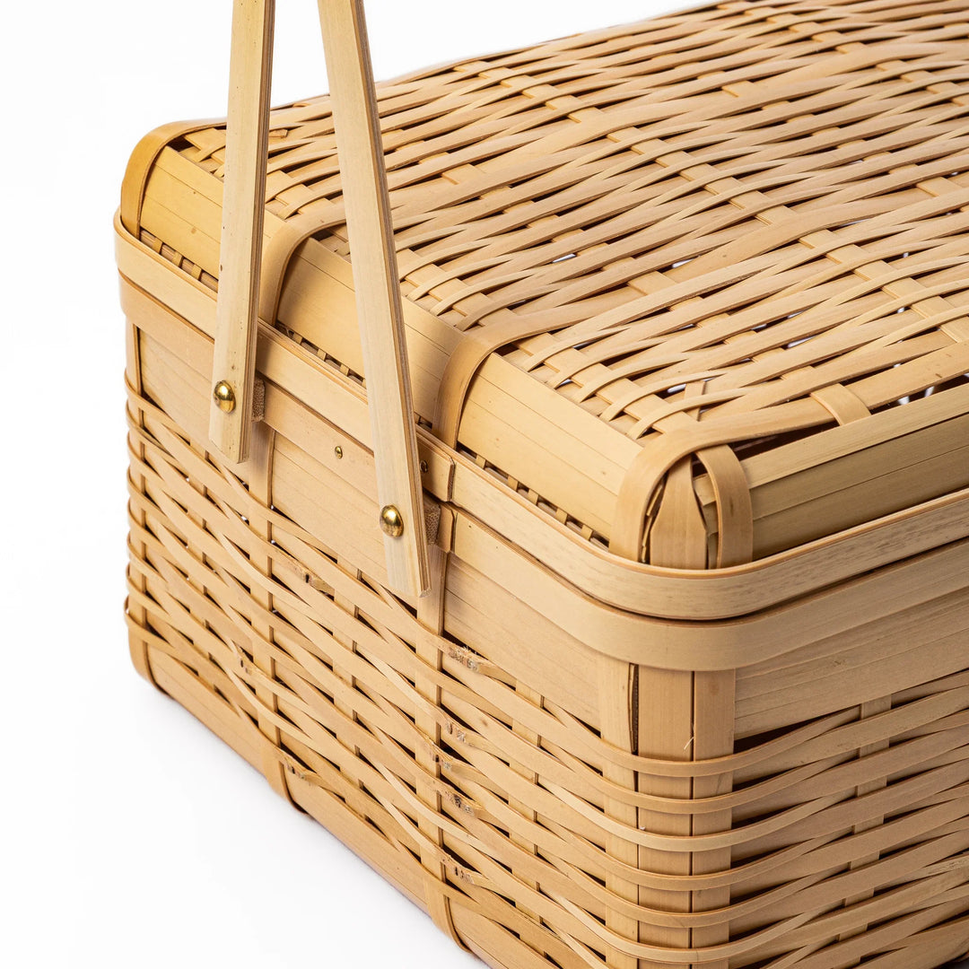 Close up of handcrafted Japanese bamboo basket showing the detailed weave pattern and natural structural durability