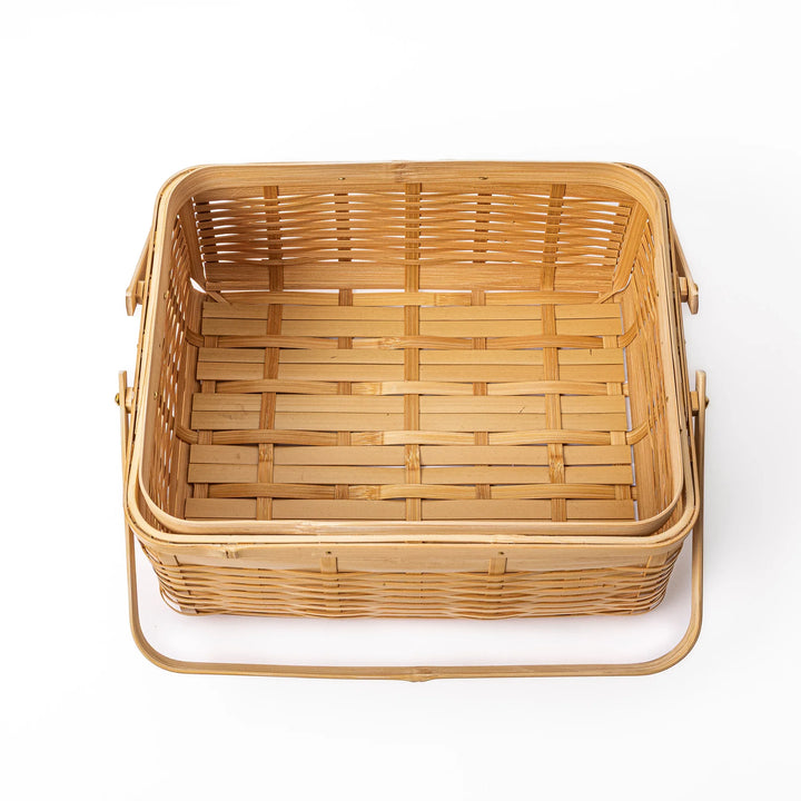 Close up of handcrafted Japanese bamboo basket showing the detailed weave pattern and natural structural durability