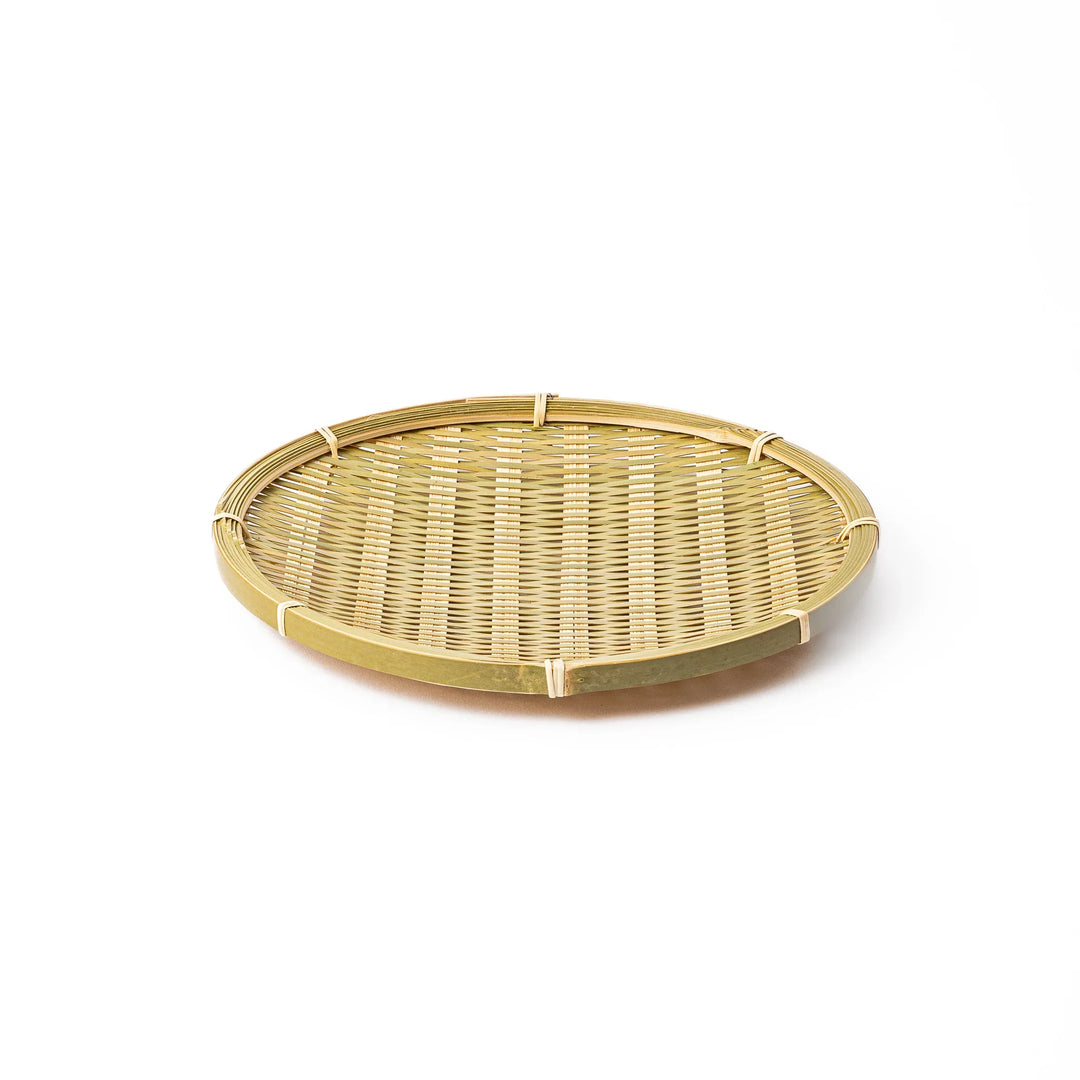 Traditional flat Japanese bamboo zaru strainer basket for serving cold soba noodles or rinsing vegetables