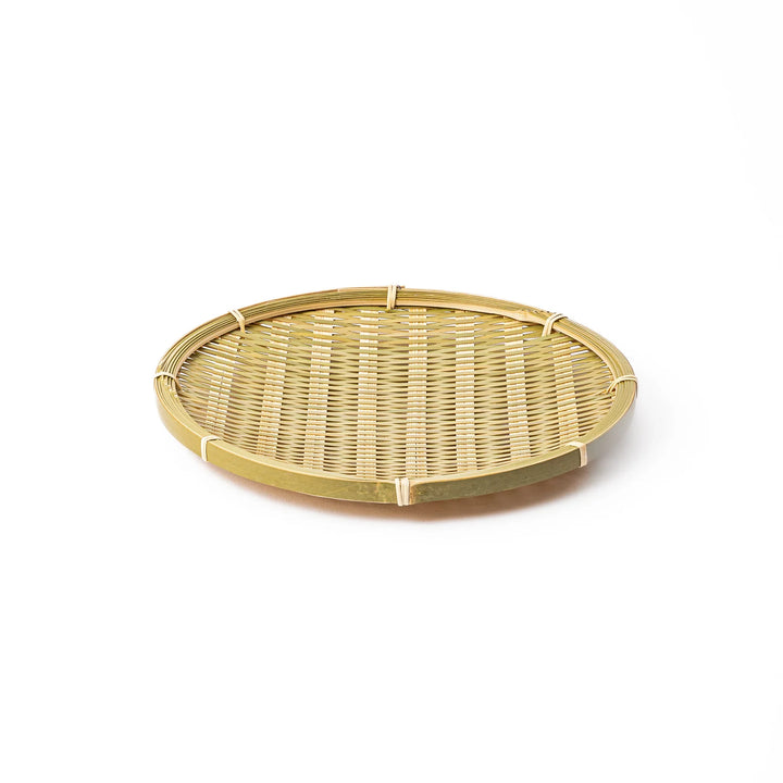 Traditional flat Japanese bamboo zaru strainer basket for serving cold soba noodles or rinsing vegetables