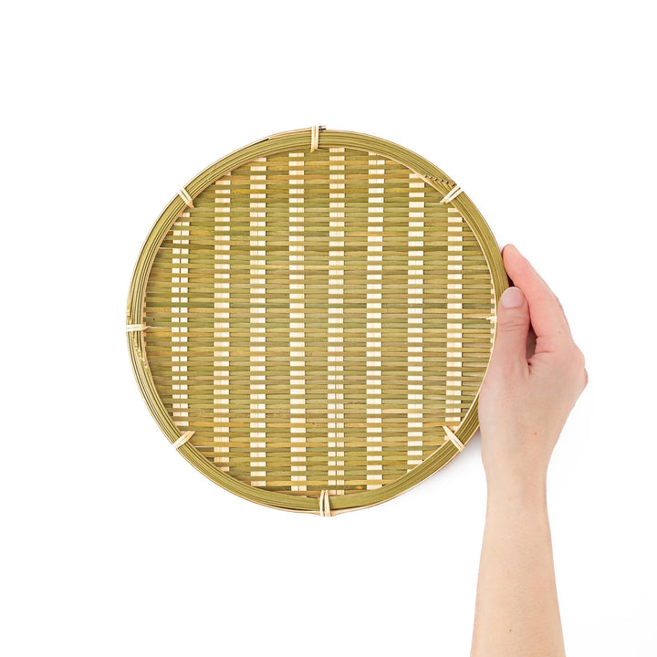 Traditional flat Japanese bamboo zaru strainer basket for serving cold soba noodles or rinsing vegetables