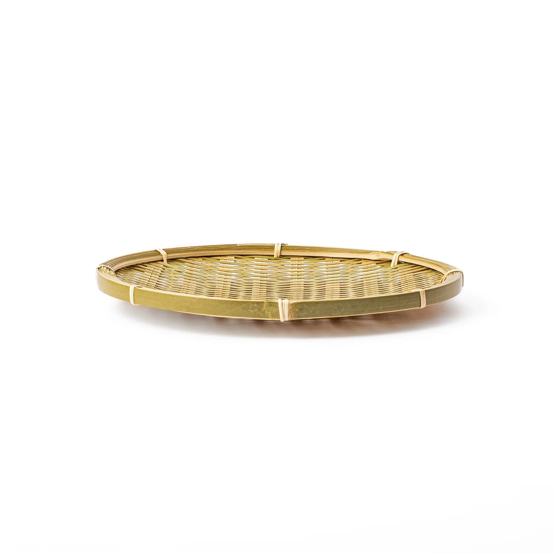 Traditional flat Japanese bamboo zaru strainer basket for serving cold soba noodles or rinsing vegetables