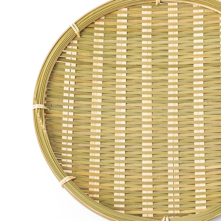 Traditional flat Japanese bamboo zaru strainer basket for serving cold soba noodles or rinsing vegetables