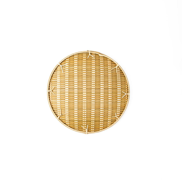 Traditional flat Japanese bamboo zaru strainer basket for serving cold soba noodles or rinsing vegetables