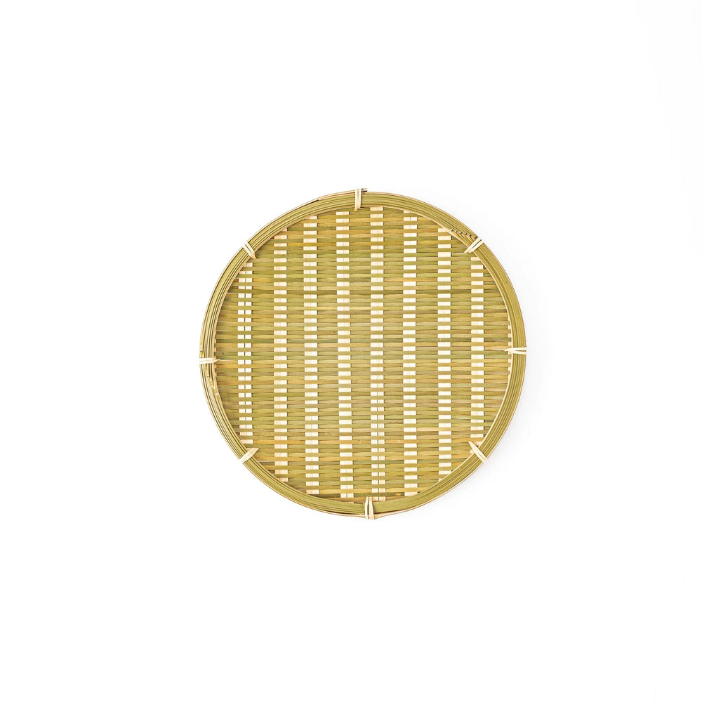 Traditional flat Japanese bamboo zaru strainer basket for serving cold soba noodles or rinsing vegetables