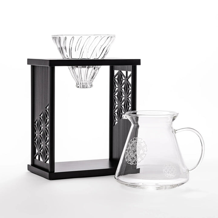 Japanese wood coffee dripper stand with Asanoha kumiko pattern in black finish, including a glass funnel and server