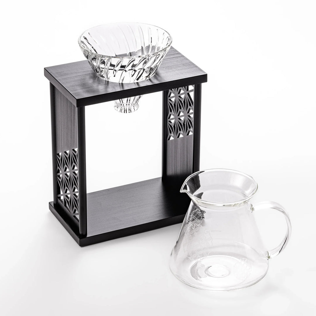 Japanese wood coffee dripper stand with Asanoha kumiko pattern in black finish, including a glass funnel and server