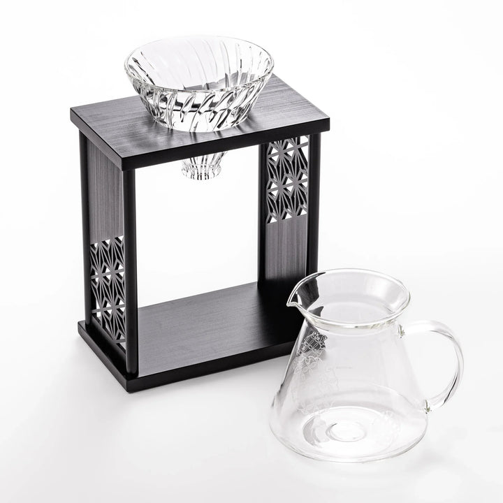 Japanese wood coffee dripper stand with Asanoha kumiko pattern in black finish, including a glass funnel and server