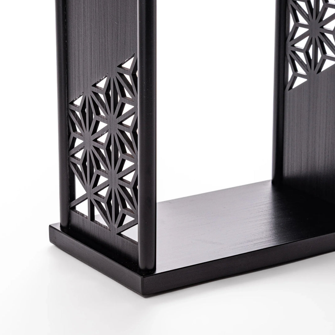 Japanese wood coffee dripper stand with Asanoha kumiko pattern in black finish, including a glass funnel and server