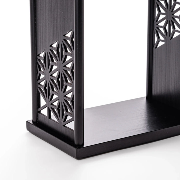 Japanese wood coffee dripper stand with Asanoha kumiko pattern in black finish, including a glass funnel and server