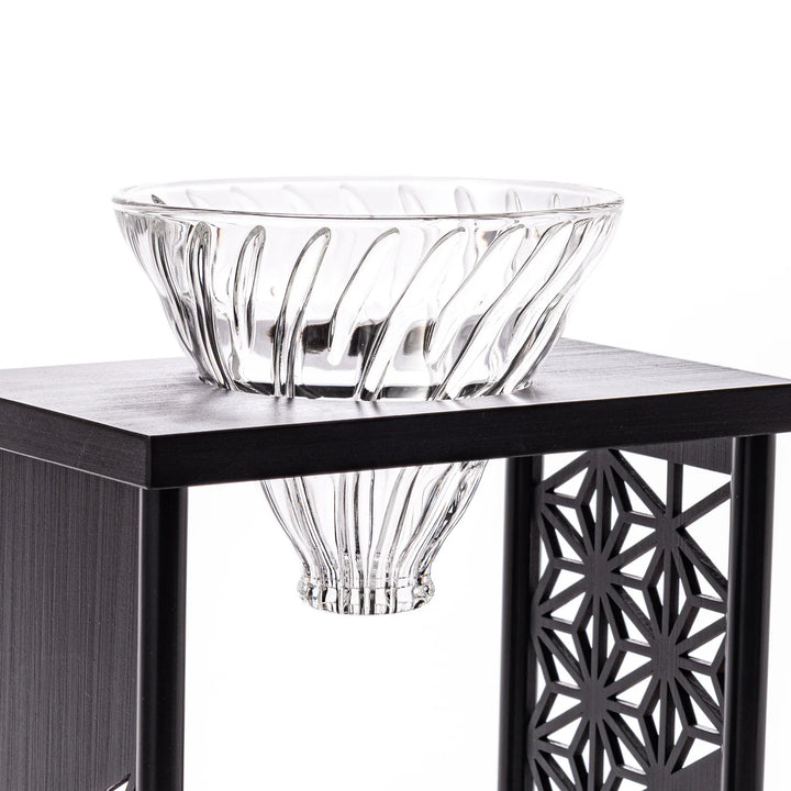 Japanese wood coffee dripper stand with Asanoha kumiko pattern in black finish, including a glass funnel and server