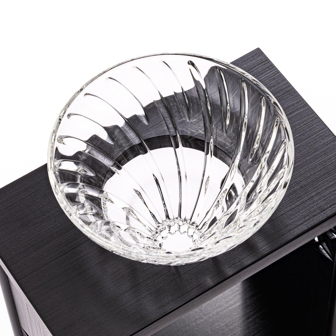 Japanese wood coffee dripper stand with Asanoha kumiko pattern in black finish, including a glass funnel and server