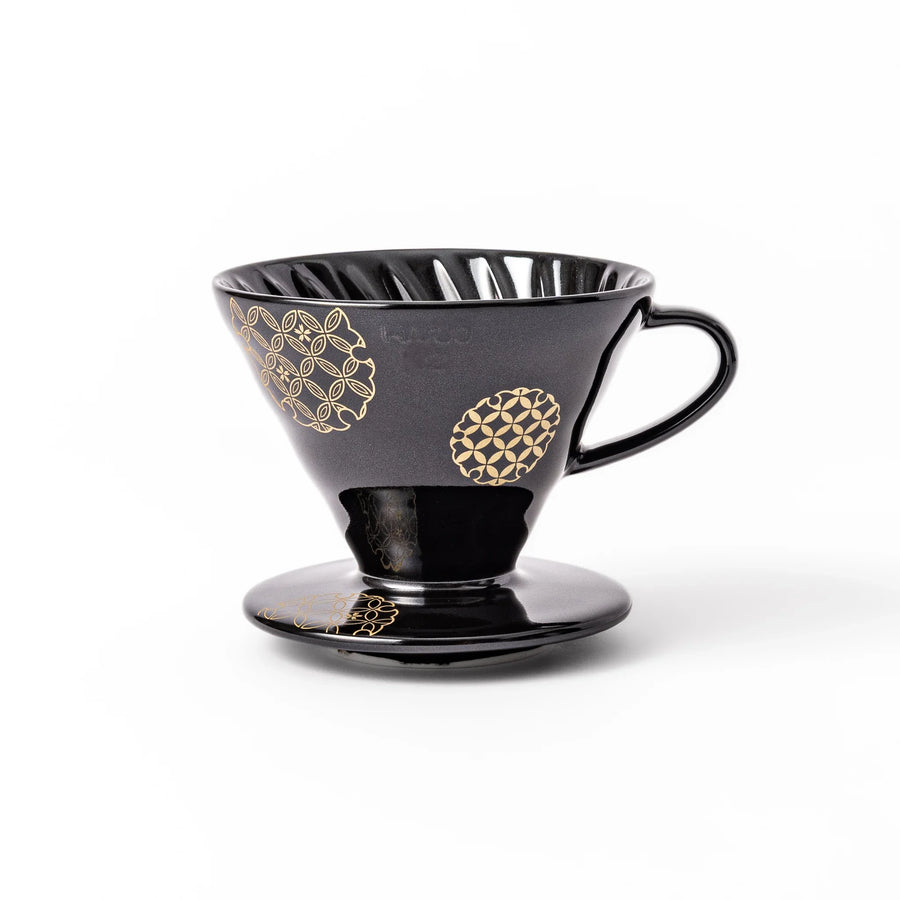 Japanese black ceramic coffee dripper size 02, featuring gold Shippou pattern details for pour over coffee brewing