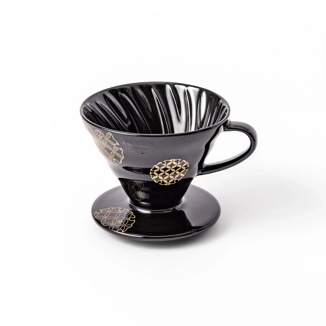 Japanese black ceramic coffee dripper size 02, featuring gold Shippou pattern details for pour over coffee brewing
