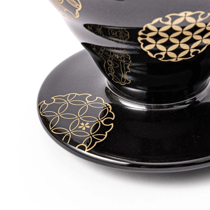 Japanese black ceramic coffee dripper size 02, featuring gold Shippou pattern details for pour over coffee brewing