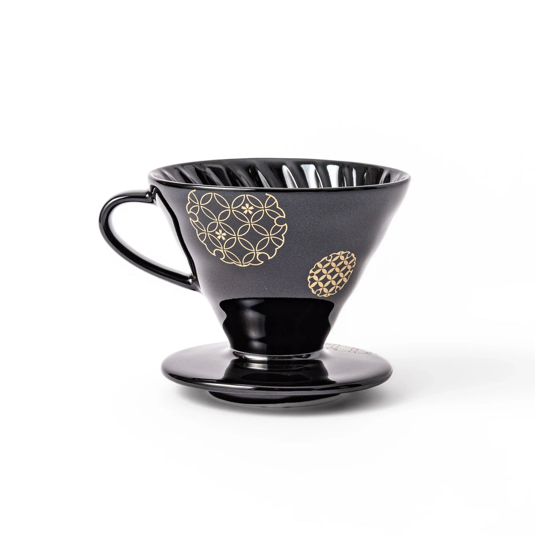 Japanese black ceramic coffee dripper size 02, featuring gold Shippou pattern details for pour over coffee brewing