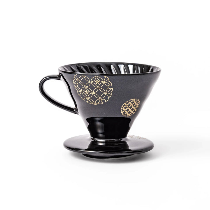 Japanese black ceramic coffee dripper size 02, featuring gold Shippou pattern details for pour over coffee brewing