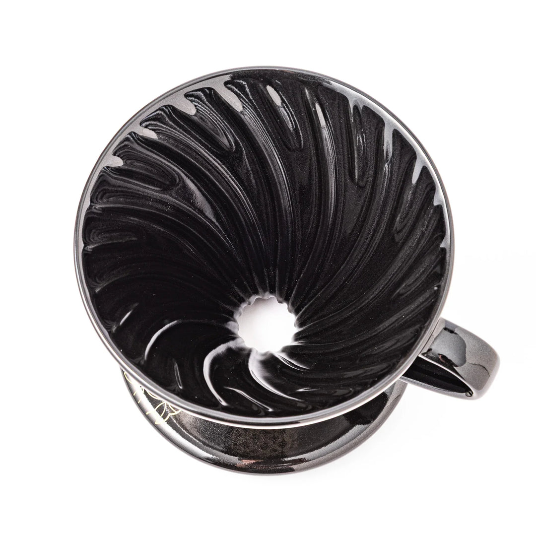 Japanese black ceramic coffee dripper size 02, featuring gold Shippou pattern details for pour over coffee brewing