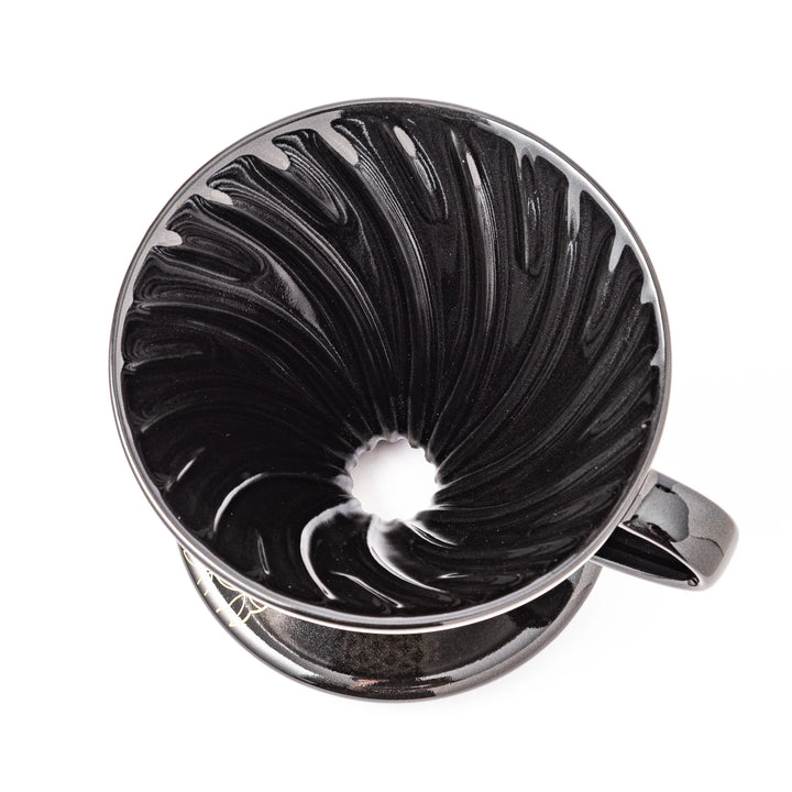 Japanese black ceramic coffee dripper size 02, featuring gold Shippou pattern details for pour over coffee brewing