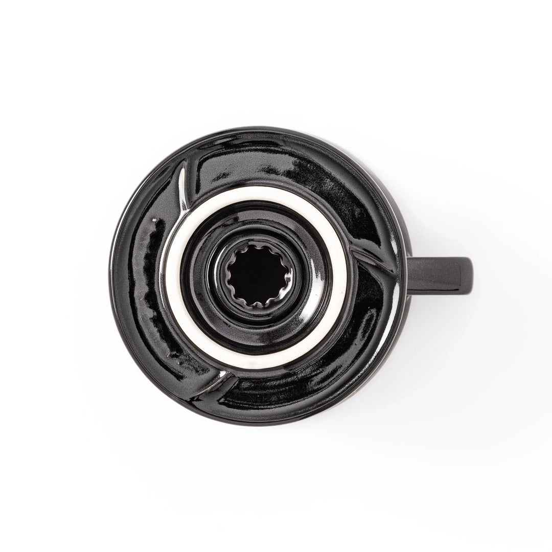 Japanese black ceramic coffee dripper size 02, featuring gold Shippou pattern details for pour over coffee brewing