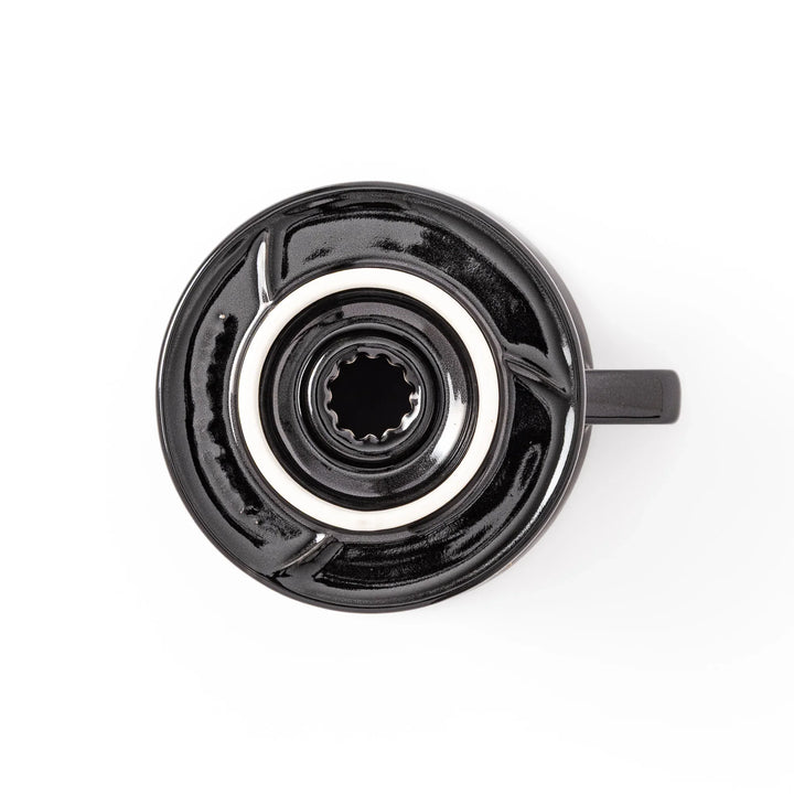 Japanese black ceramic coffee dripper size 02, featuring gold Shippou pattern details for pour over coffee brewing