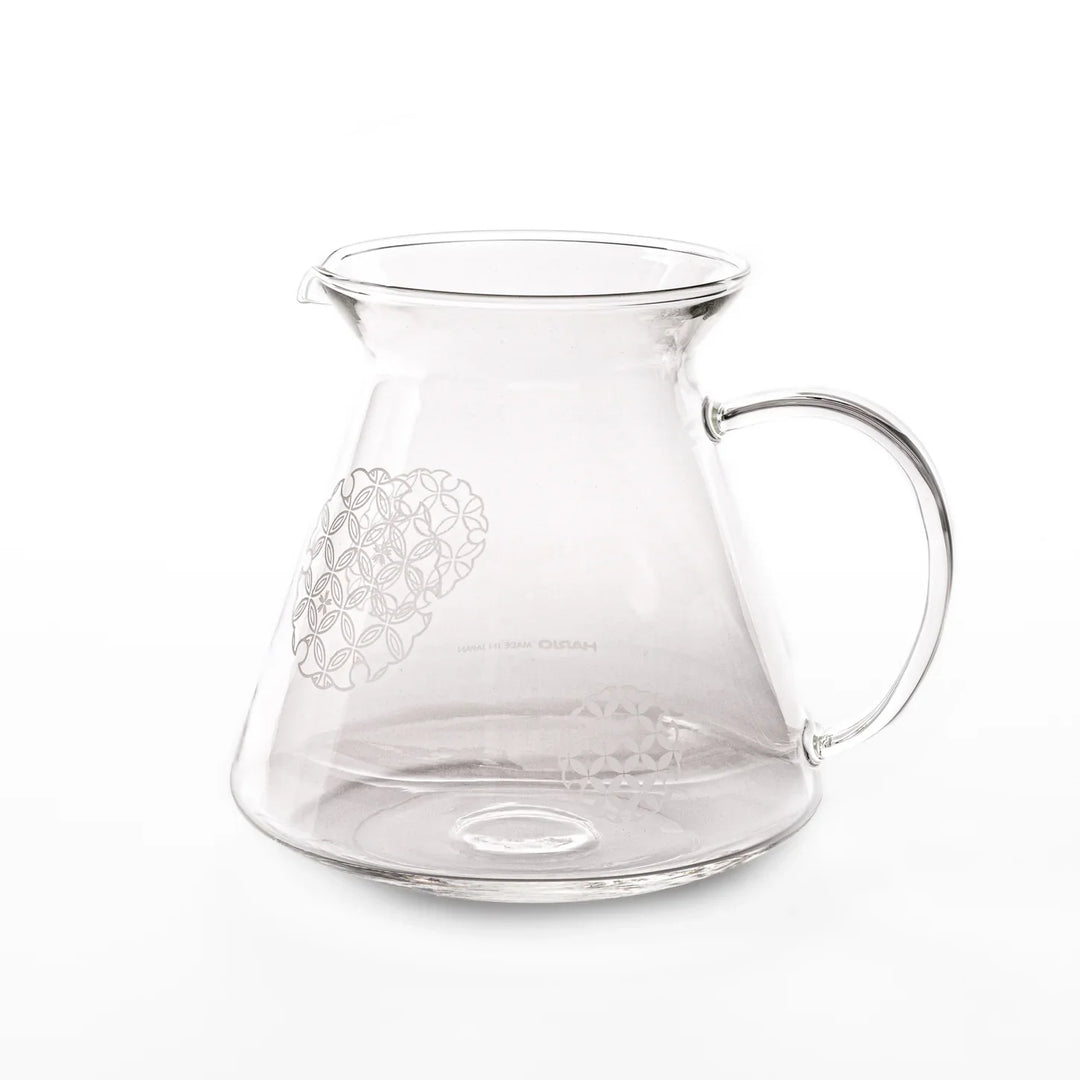 Japanese wood coffee dripper stand with Asanoha kumiko pattern in natural finish, including a glass funnel and server
