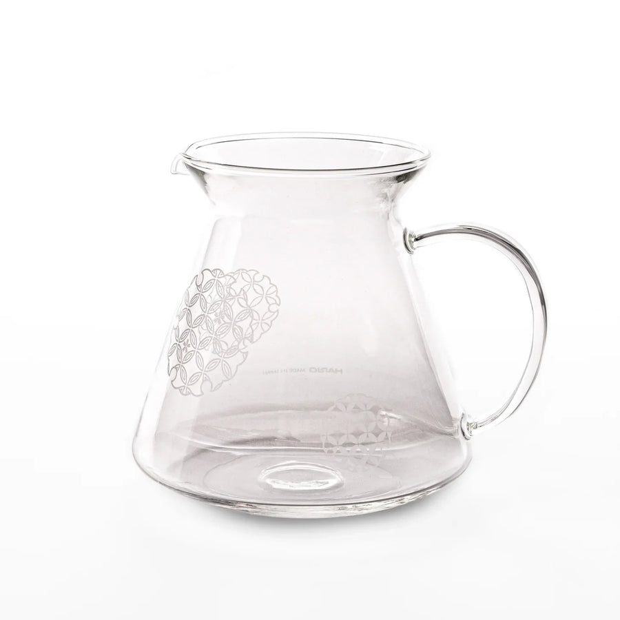 Japanese wood coffee dripper stand with Asanoha kumiko pattern in natural finish, including a glass funnel and server