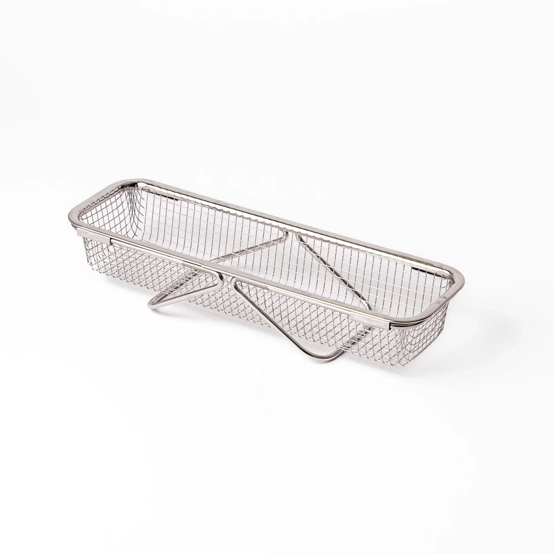 Stainless steel rectangular strainer basket with handles for draining noodles or frying in Japanese cooking.