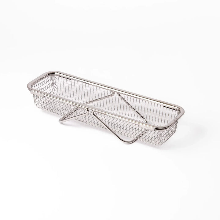 Stainless steel rectangular strainer basket with handles for draining noodles or frying in Japanese cooking.
