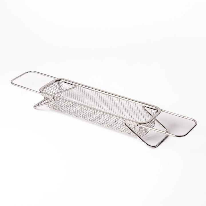 Stainless steel rectangular strainer basket with handles for draining noodles or frying in Japanese cooking.
