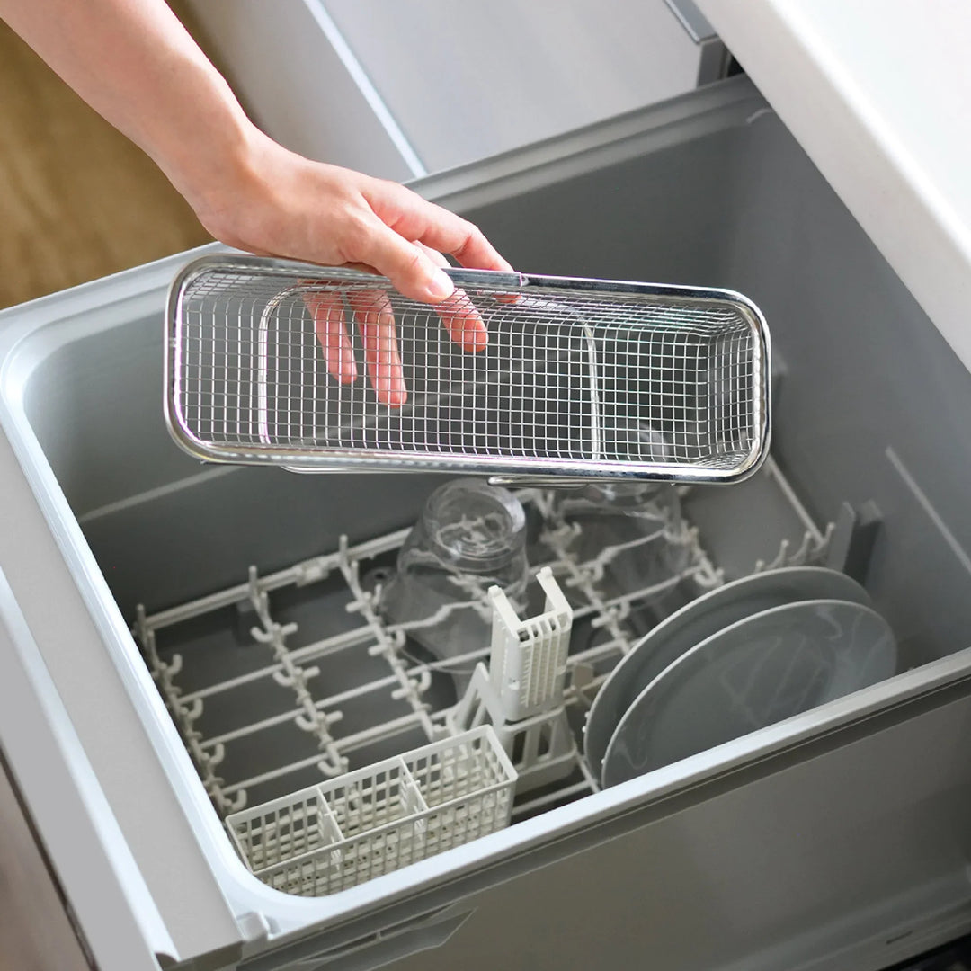 Stainless steel rectangular strainer basket with handles for draining noodles or frying in Japanese cooking.