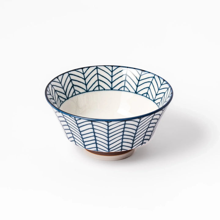 Japanese porcelain rice bowl with indigo arrow feather pattern and terracotta base, handcrafted in traditional style.