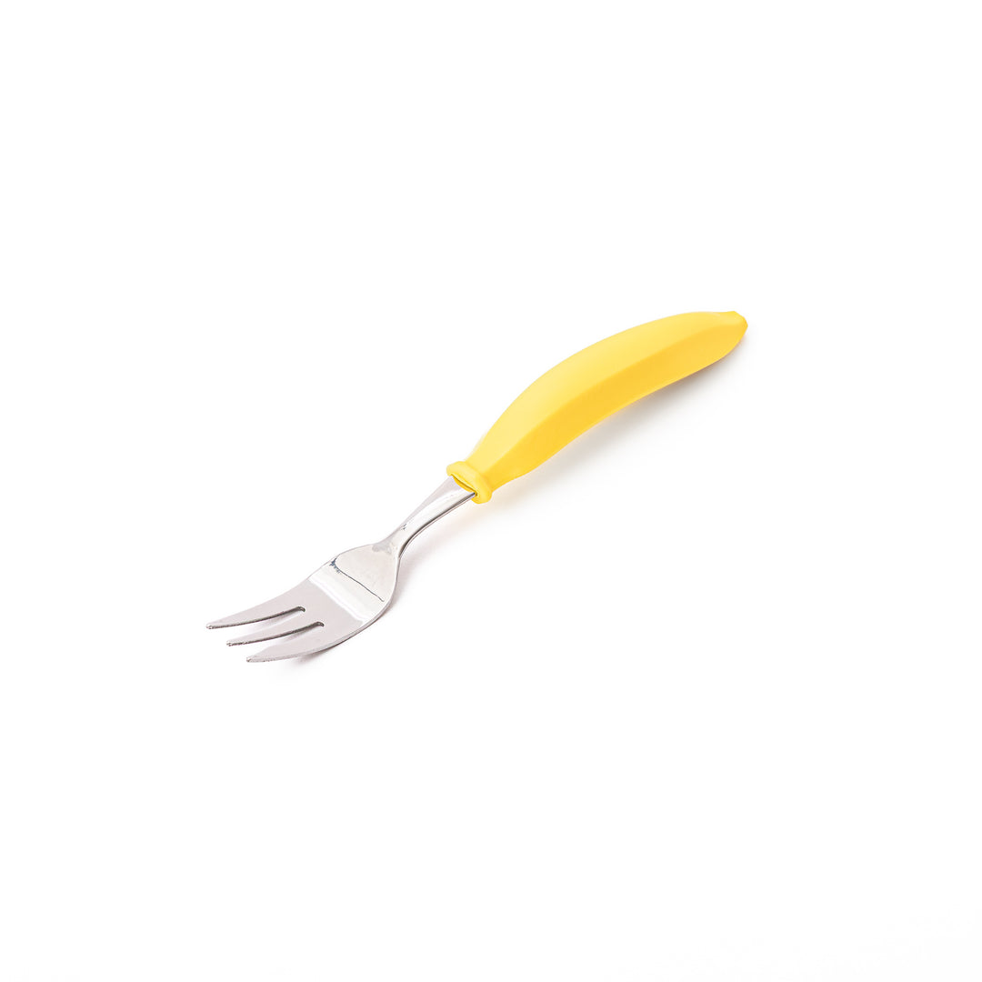 Cute stainless steel banana fork with bright yellow handle high quality kids dessert fork for fruits and toddler food