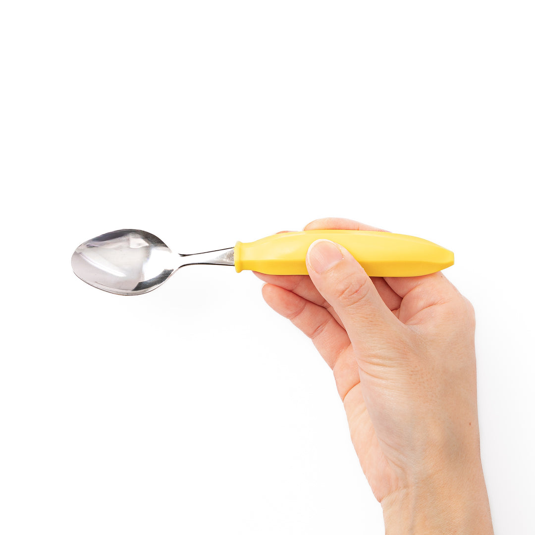 Cute stainless steel banana spoon with bright yellow handle high quality kids dessert spoon for snacks and toddler food