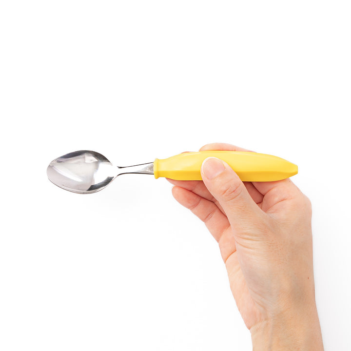 Cute stainless steel banana spoon with bright yellow handle high quality kids dessert spoon for snacks and toddler food