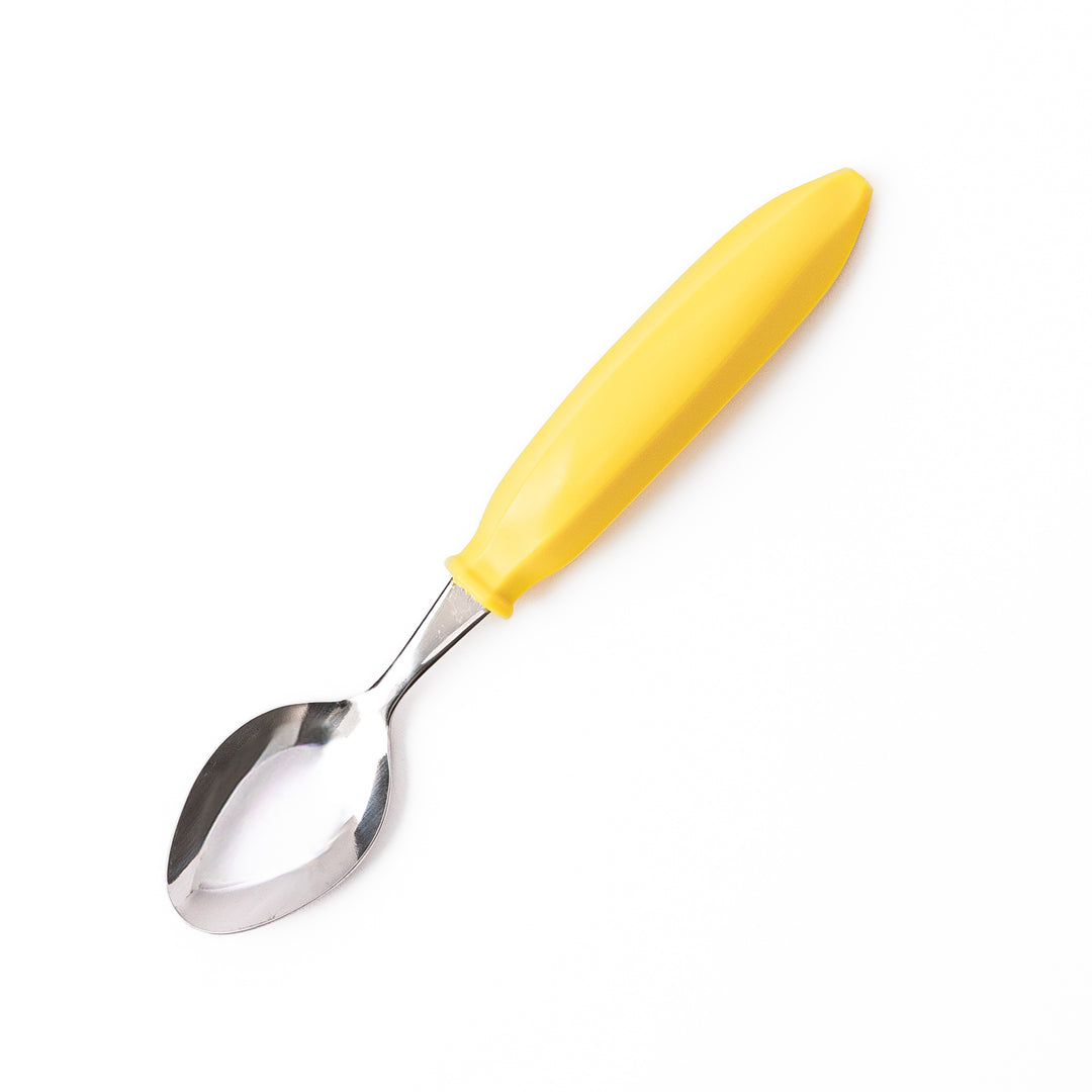 Cute stainless steel banana spoon with bright yellow handle high quality kids dessert spoon for snacks and toddler food