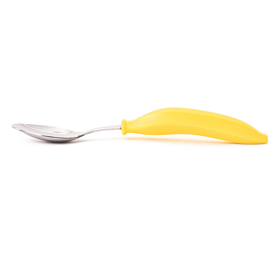 Cute stainless steel banana spoon with bright yellow handle high quality kids dessert spoon for snacks and toddler food